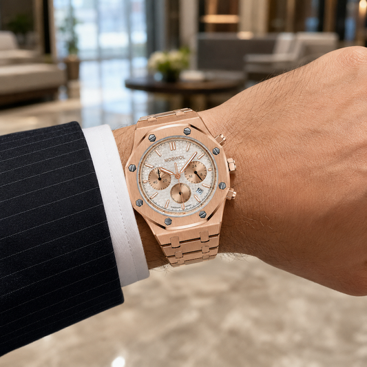 Relógio Vértice dourado rosé com mostrador branco e pulseira de metal