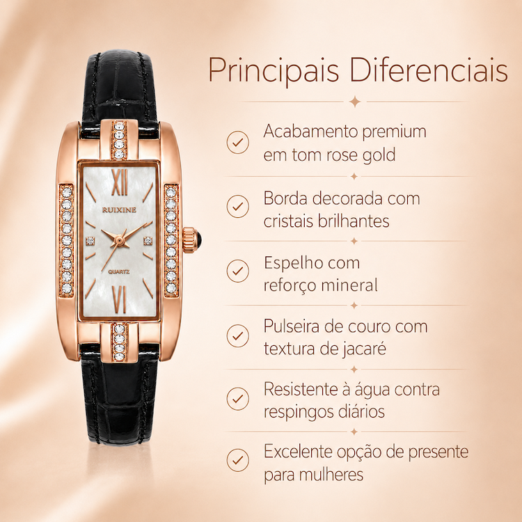 Relógio feminino rose gold com pulseira de couro preta e borda com cristais ao redor