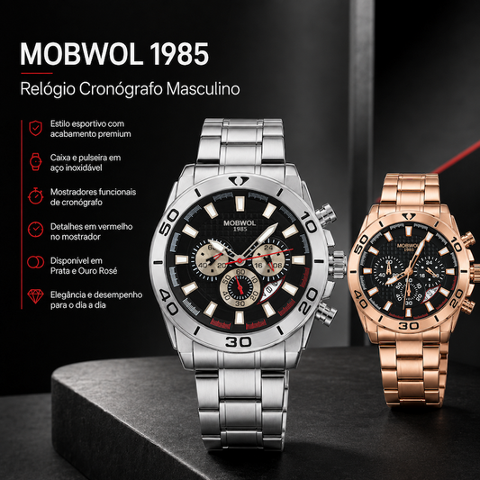 Relógio cronógrafo masculino com mostrador preto, bracelete metálica e submostradores