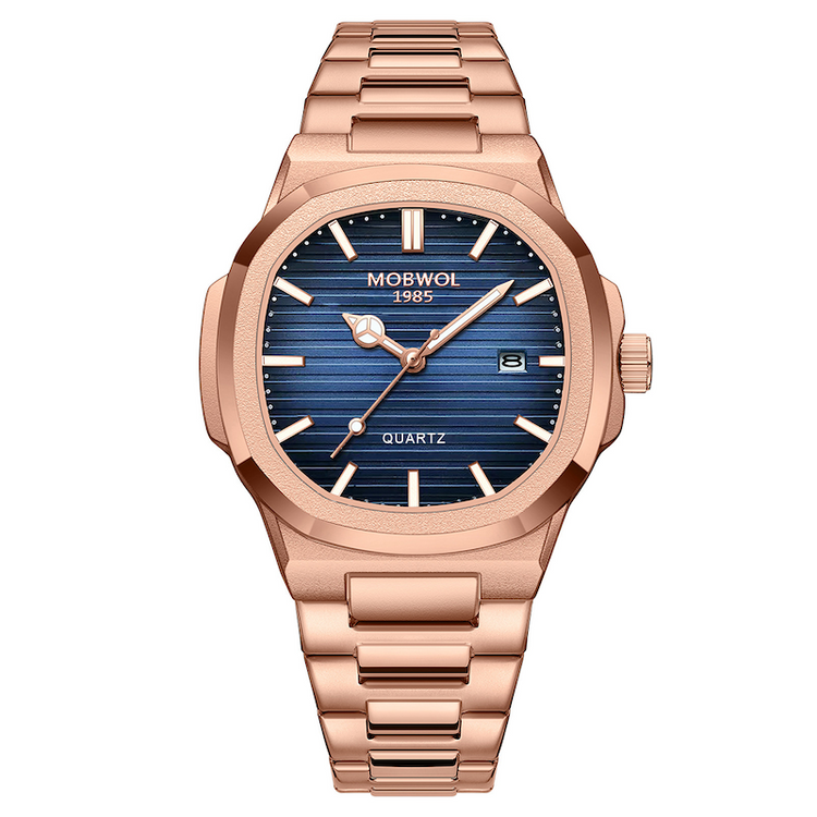 Relógio de quartzo dourado rosé com mostrador azul e pulseira metálica