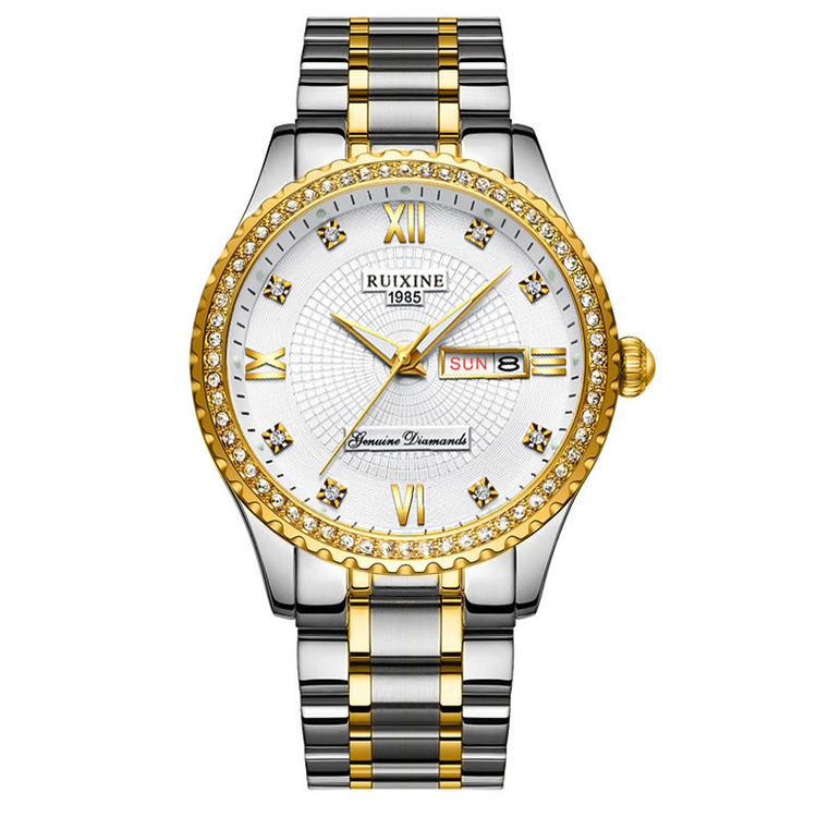 Relógio masculino bicolor com mostrador branco e pulseira de aço listrada dourado