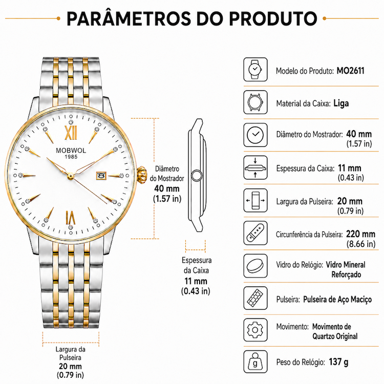 Diagrama do relógio com mostrador branco e pulseira metálica bicolor com medidas.