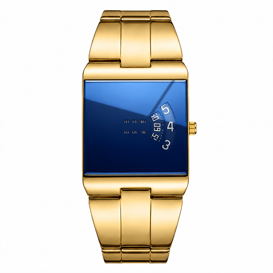 Relógio digital dourado com mostrador azul retangular e pulseira metálica