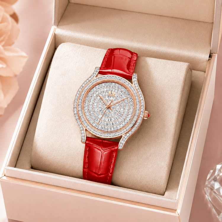 Relógio Estrela com pulseira vermelha, mostrador branco e aro cravejado em caixa rosé.