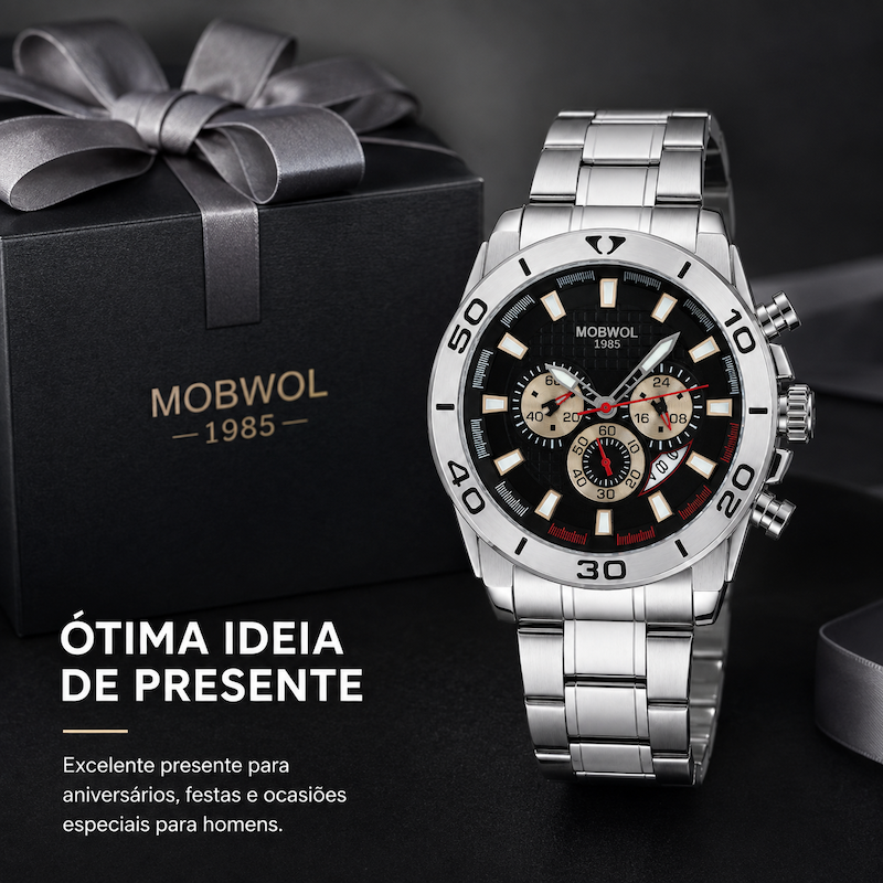 Relógio cronógrafo masculino prateado com mostrador preto, submostradores e bracelete