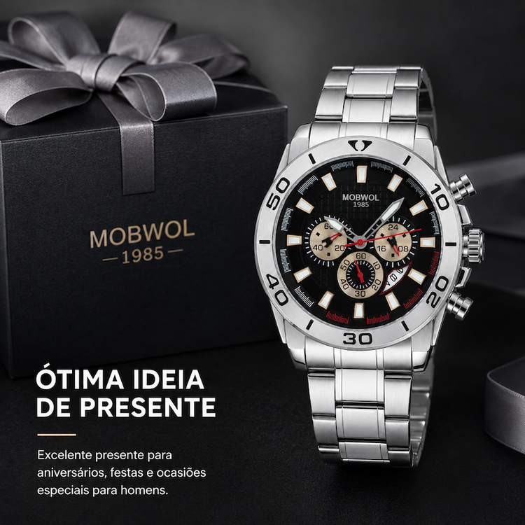 Relógio cronógrafo masculino prateado com mostrador preto, submostradores e bracelete