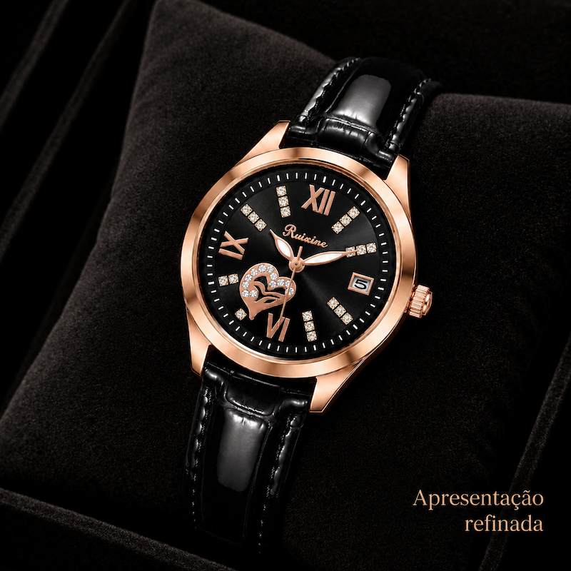 Relógio com mostrador preto e pulseira de couro preta, estilo elegante