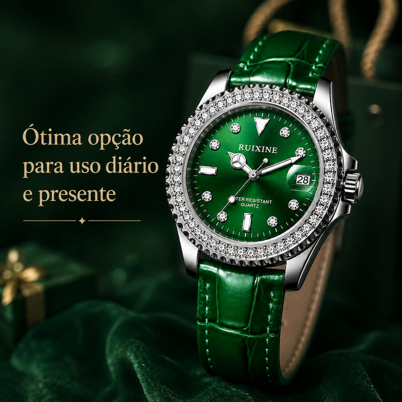 Relógio RUIXINE verde com mostrador verde, moldura brilhante e pulseira verde