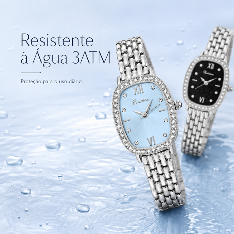 Relógio feminino prateado com mostrador azul claro e outro preto, ambos com pulseira metálica