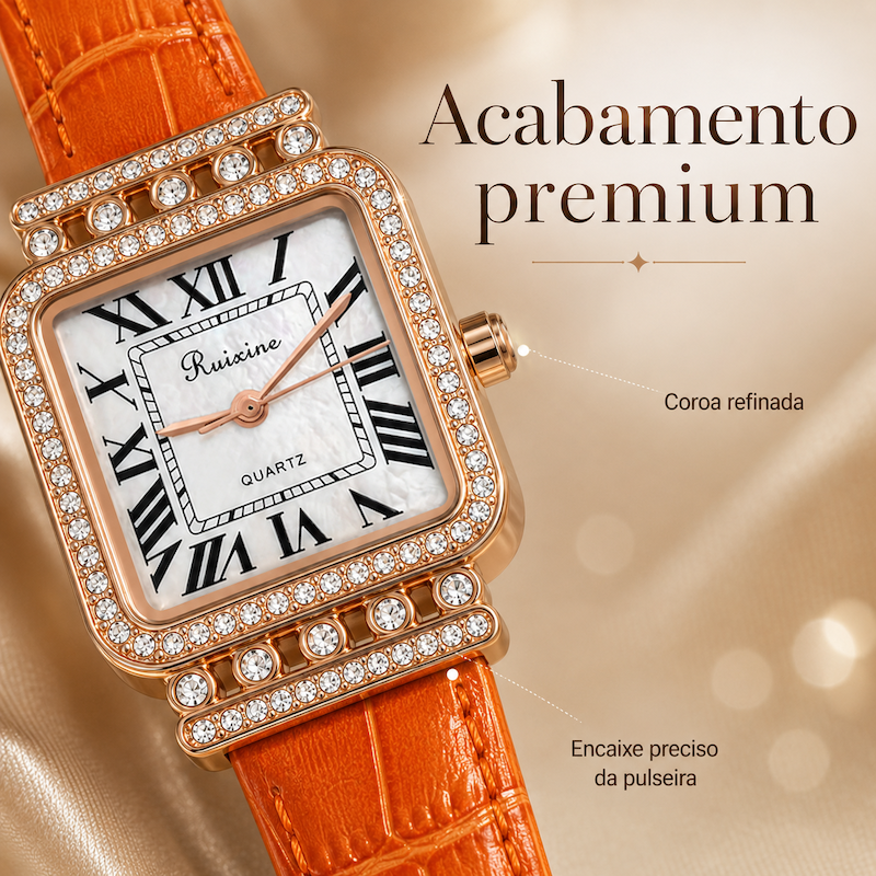 Relógio feminino laranja com coroa refinada e moldura dourada cravejada, pulseira croco