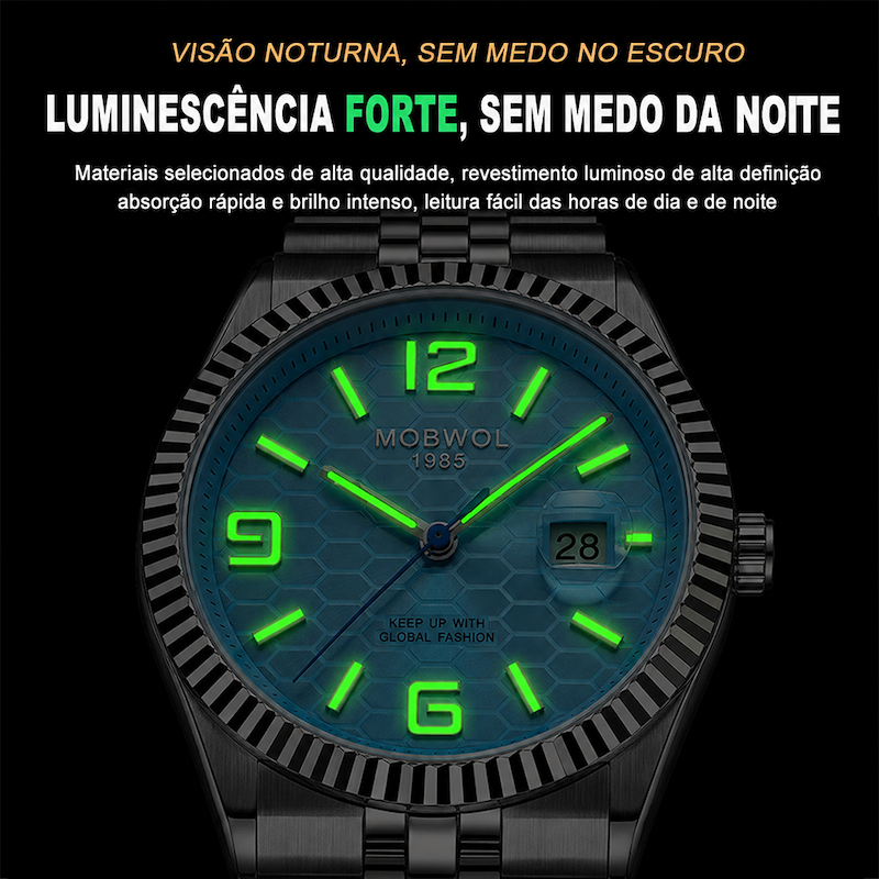Relógio com mostrador azul e pulseira preta; números luminescentes verdes