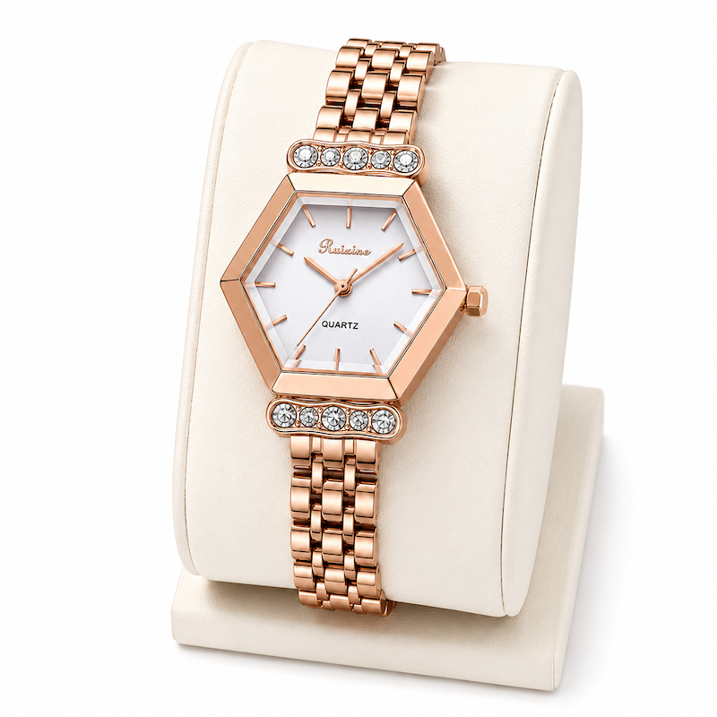 Relógio Manuela rosé com pulseira de metal e mostrador branco em moldura facetada