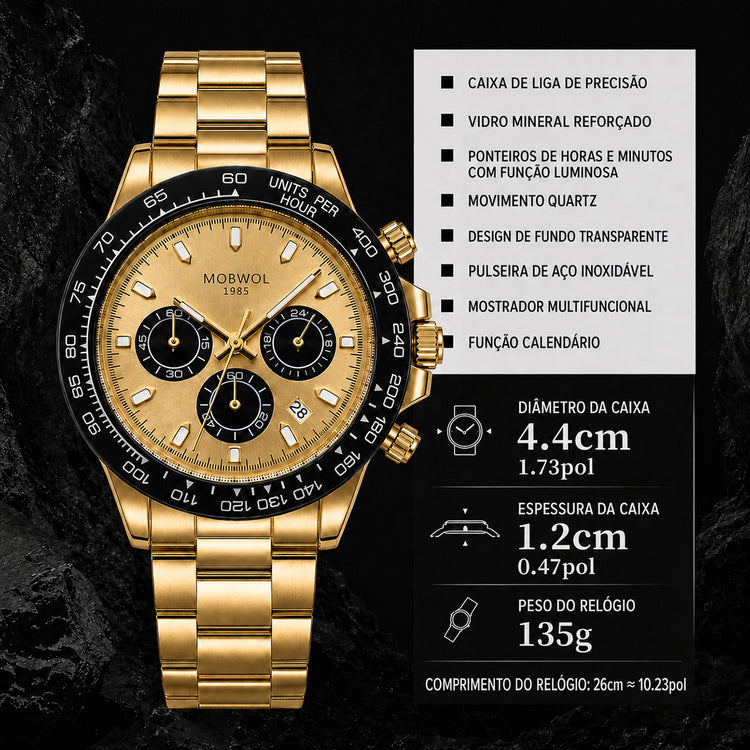 Relógio dourado com pulseira metálica e mostrador amarelo com três submostradores