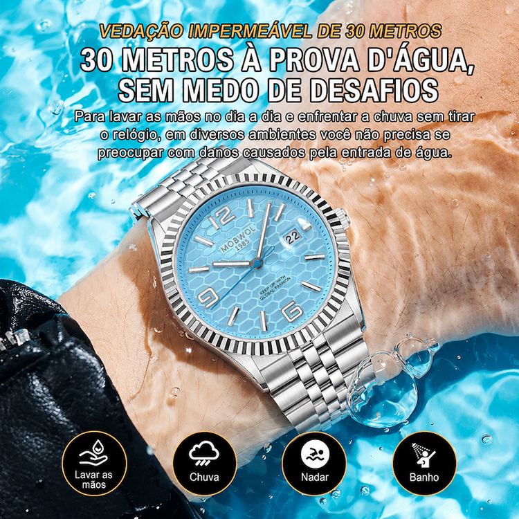 Relógio à prova d’água com mostrador azul e pulseira de aço