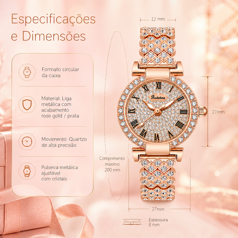 Relógio metálico rosê com mostrador brilhante, aro e bracelete cravejados de cristais
