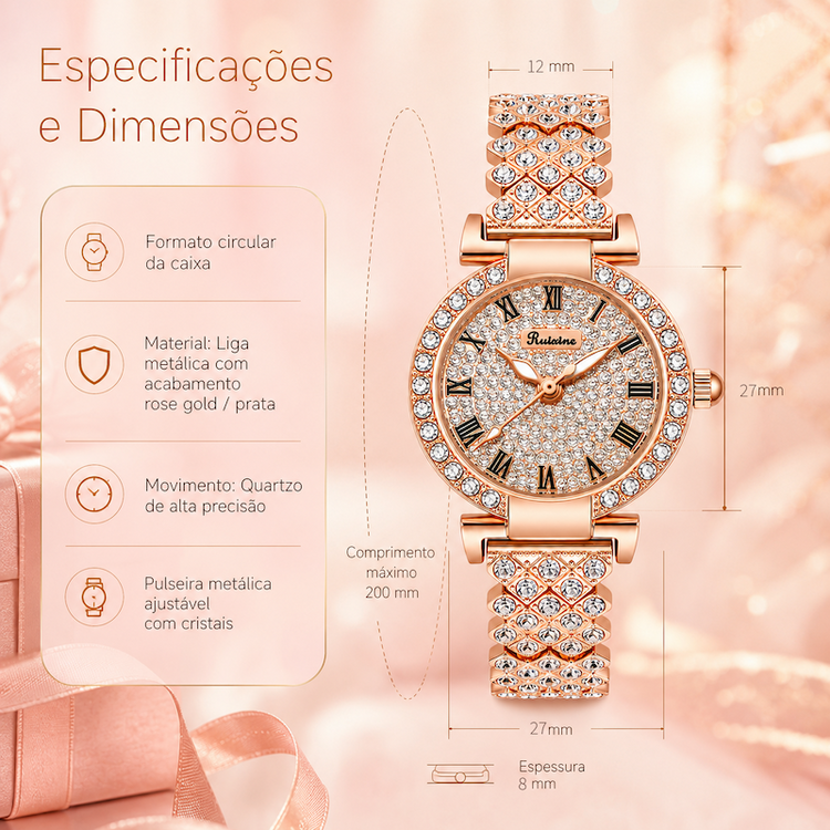 Relógio metálico rosê com mostrador brilhante, aro e bracelete cravejados de cristais