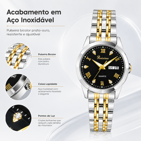 Relógio analógico com mostrador preto e pulseira metálica bicolor prateada e dourada.