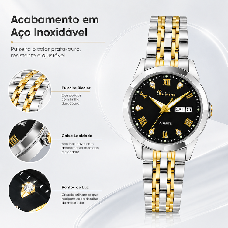 Relógio analógico com mostrador preto e pulseira metálica bicolor prateada e dourada.