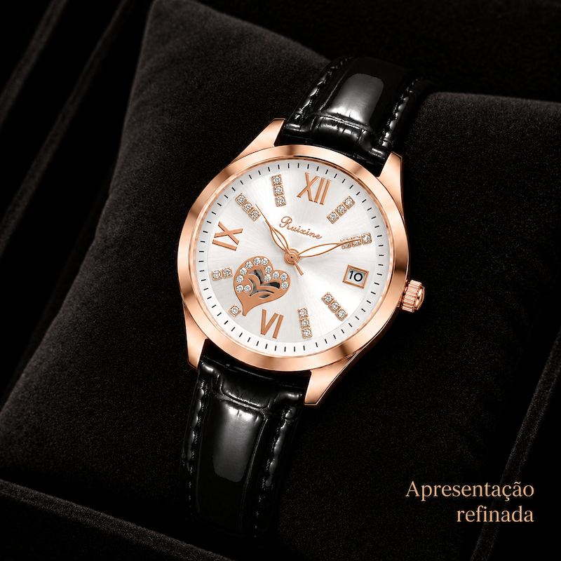 Relógio de mostrador branco com detalhe de coração, pulseira preta e caixa dourada rosé