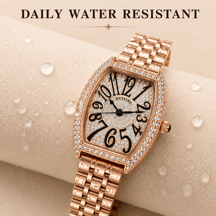 Relógio dourado rosé retangular com pulseira de metal e moldura com strass