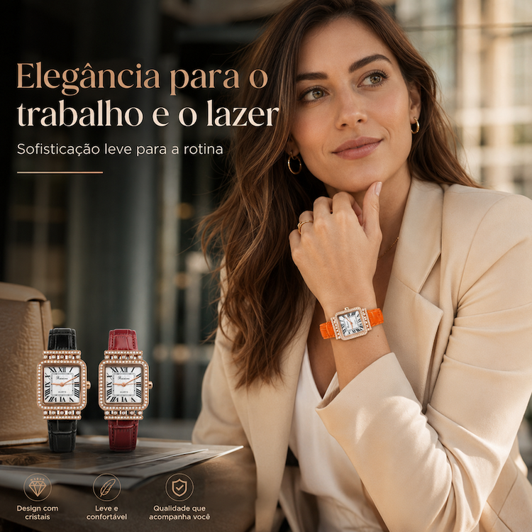 Relógio feminino laranja com pulseira de couro e moldura cravejada, em uso no pulso