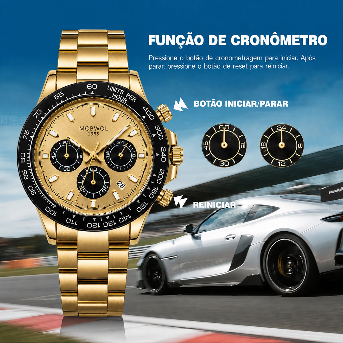 Relógio cronógrafo dourado com mostrador bege e pulseira preta de silicone