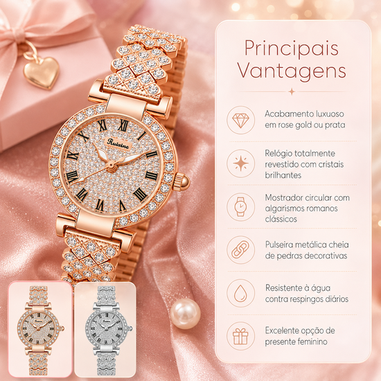 Relógio feminino metálico rosê com mostrador cravejado e bracelete de cristais brilhantes