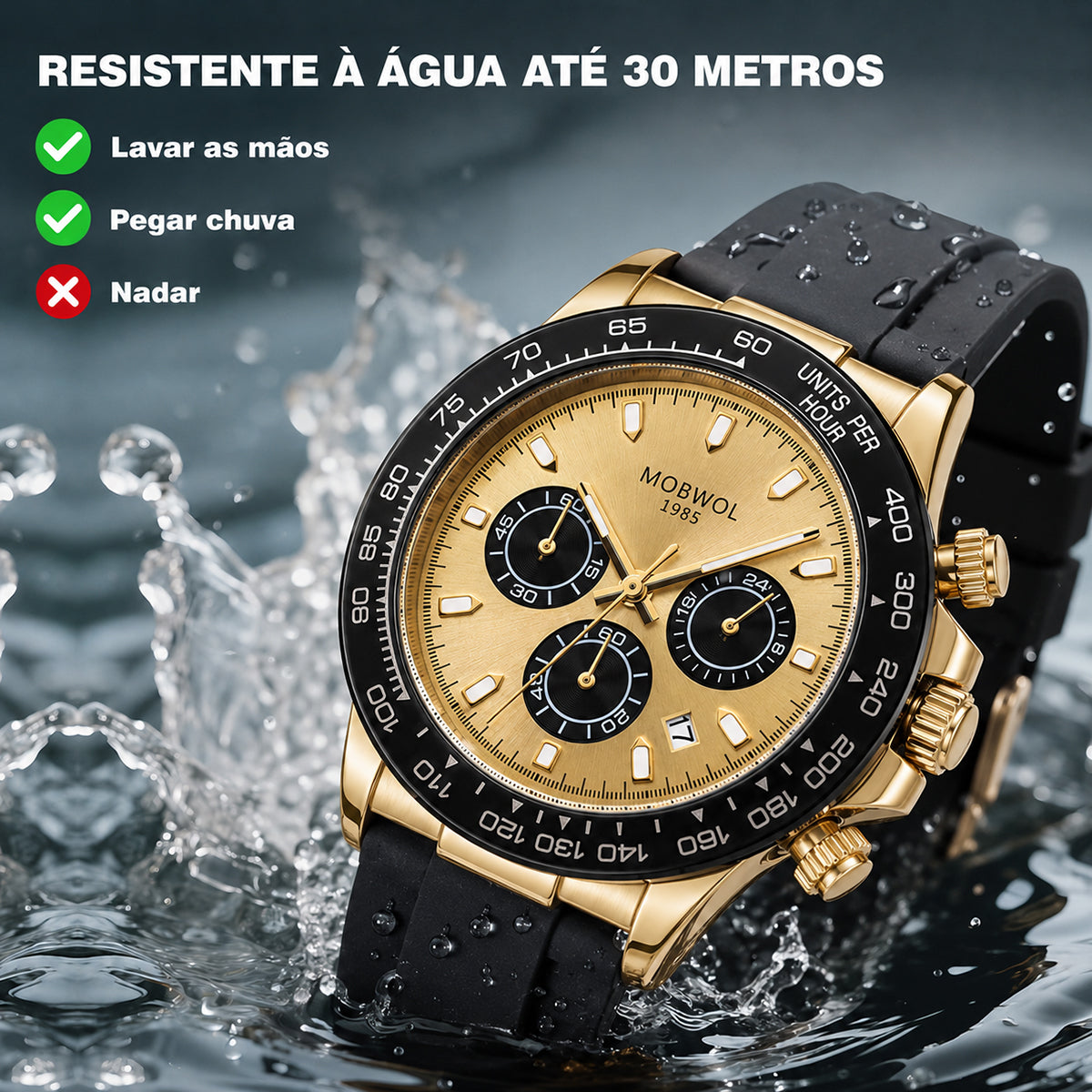 Relógio cronógrafo dourado com mostrador bege e pulseira preta com gotas