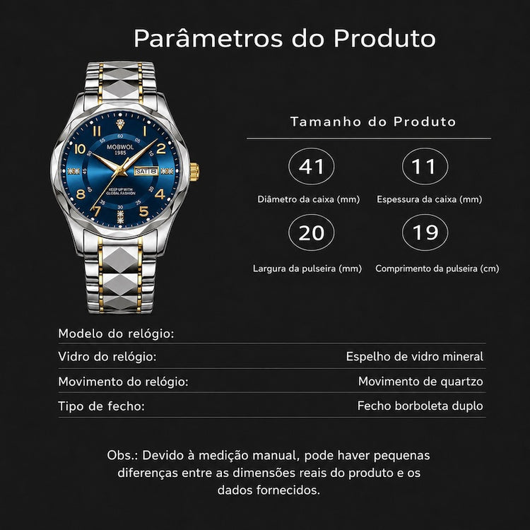 Relógio de pulso prateado e dourado com mostrador azul e visor mineral