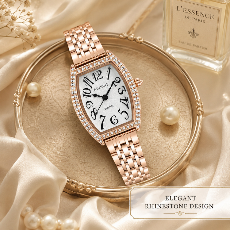 Relógio dourado rosé retangular com moldura cravejada e pulseira metálica