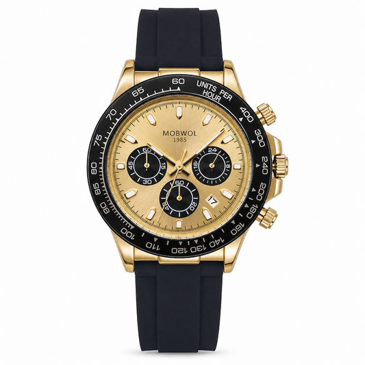 Relógio com pulseira preta e caixa dourada, mostrador dourado com três submostradores