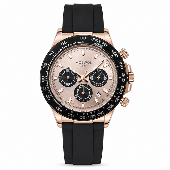 Relógio com pulseira preta e caixa rosé, mostrador rosé com três submostradores