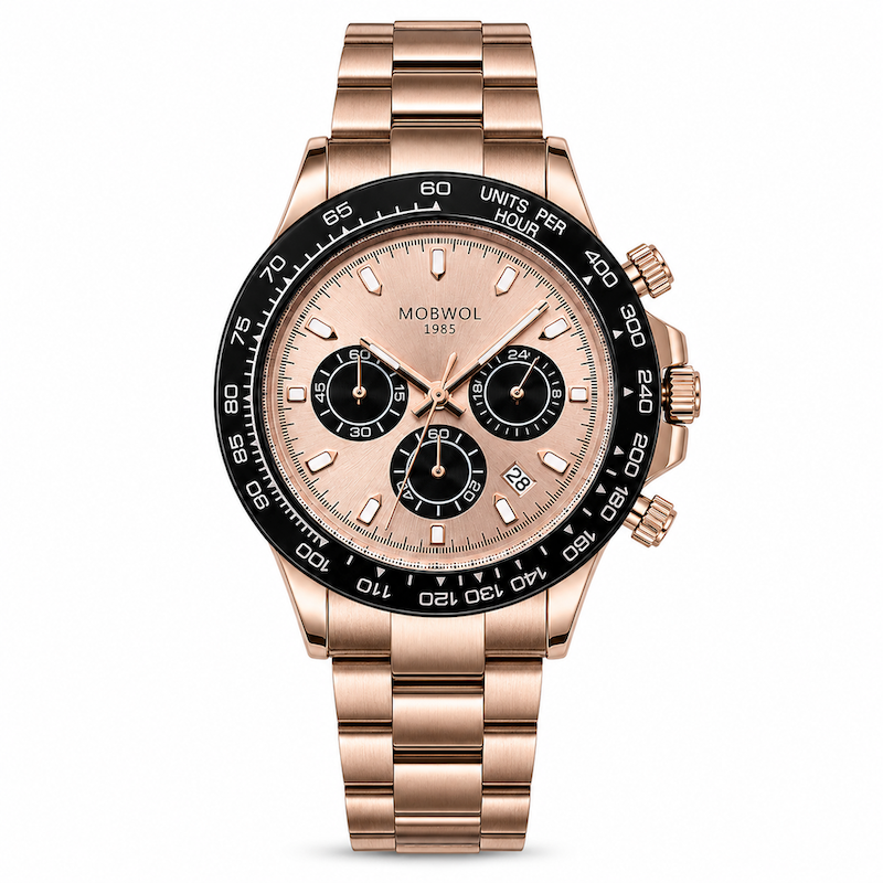 Relógio rosé com pulseira metálica, mostrador rosé com três submostradores