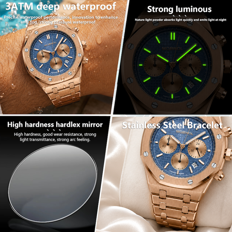 Relógio dourado rosé com mostrador azul e pulseira metálica, detalhes do mostrador