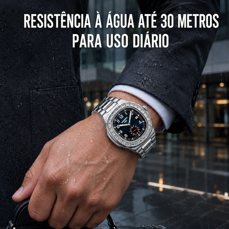 Relógio de pulso prateado no braço, mostrador escuro e pulseira metálica