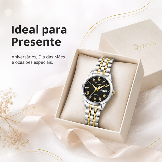 Relógio prateado e dourado com mostrador preto e bracelete metálico na caixa