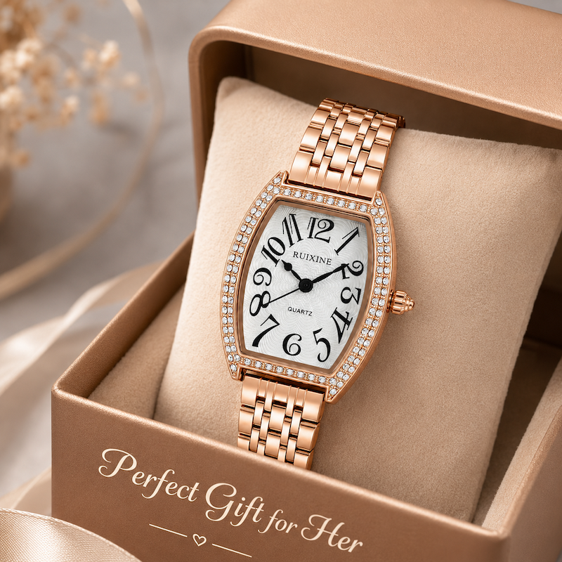 Relógio dourado rosé retangular com pulseira metálica e mostrador branco com strass