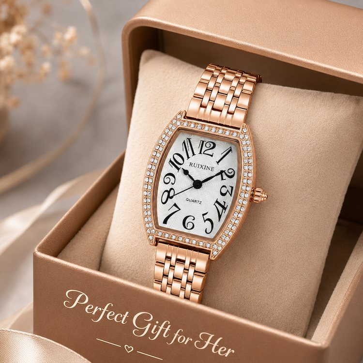 Relógio dourado rosé retangular com pulseira metálica e mostrador branco com strass