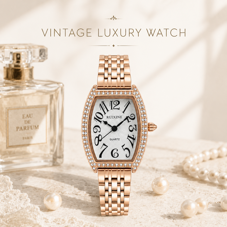 Relógio de pulso dourado rosé retangular com pulseira metálica e bezel cravejada