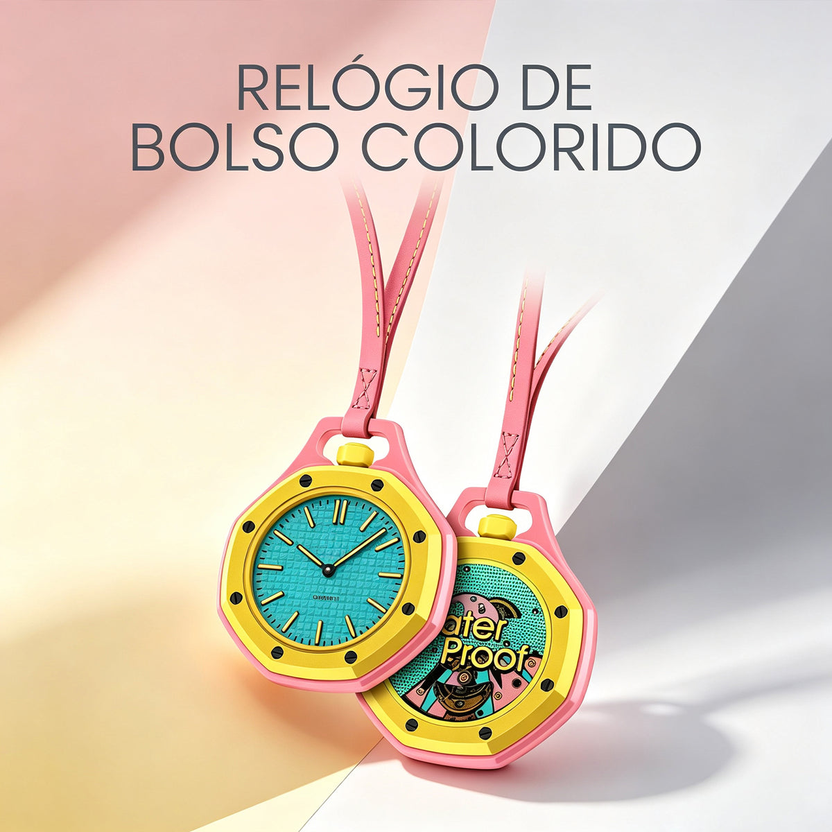 Bolso em formato de relógio infantil rosa e amarelo, com alça e mostrador azul.