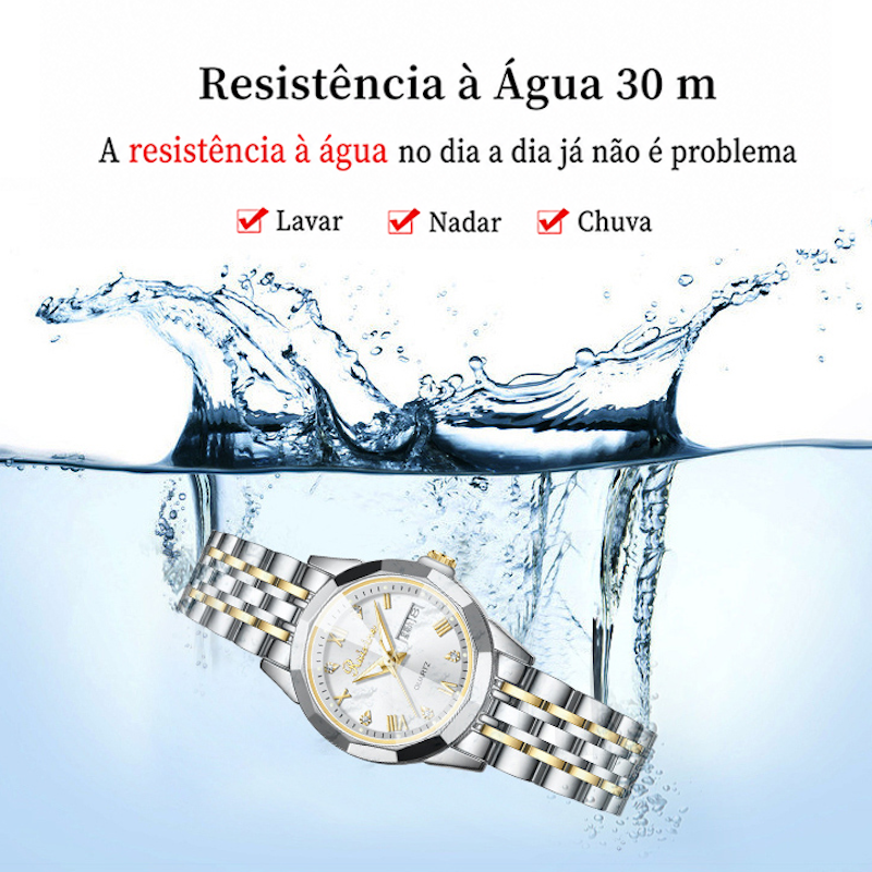 Relógio prateado e dourado com bracelete metálico e mostrador branco
