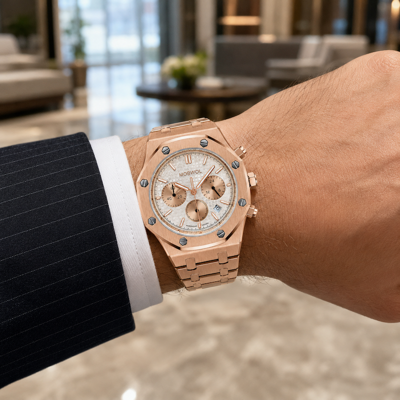 Relógio Vértice dourado rosé com mostrador branco e pulseira de metal