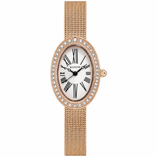 Relógio oval dourado rosé com pulseira de malha e aro brilhante, vista frontal