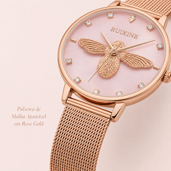 Relógio feminino rosé com mostrador rosa-claro e pulseira malha, abelha dourada