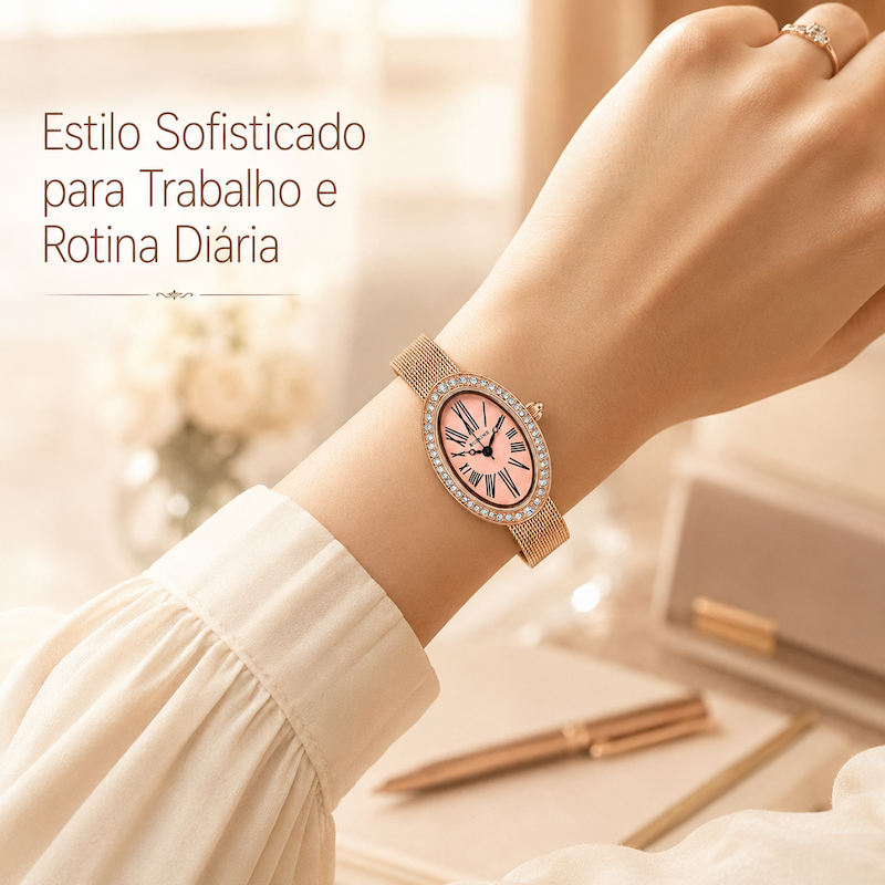 Relógio oval rosé gold no pulso, pulseira de malha metálica e mostrador rosa com cristais