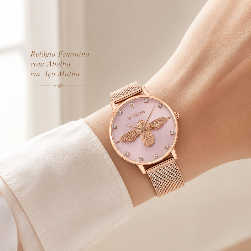 Relógio feminino com mostrador claro e pulseira de aço malha rosé; desenho de abelha 3D