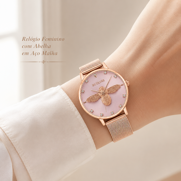 Relógio feminino com mostrador claro e pulseira de aço malha rosé; desenho de abelha 3D