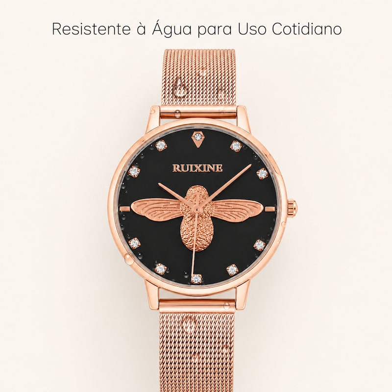 Relógio feminino com mostrador preto e pulseira de aço malha rosé; abelha 3D em destaque