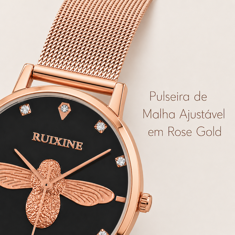 Relógio feminino rosé com mostrador preto e pulseira metálica; detalhe da abelha e marcadores