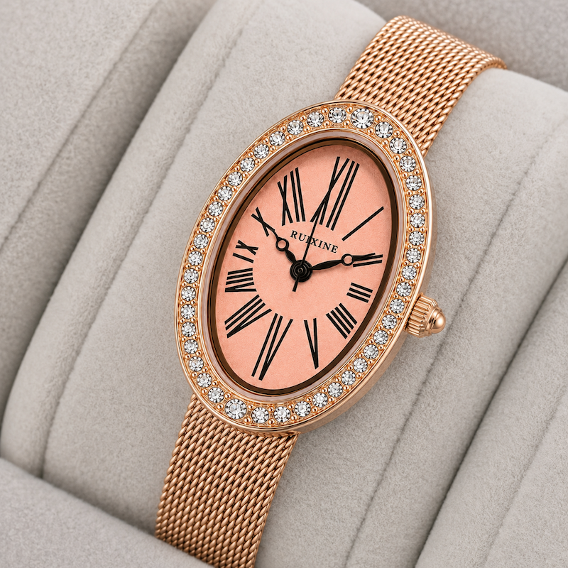 Relógio oval com pulseira de malha dourada rosé, aro brilhante e mostrador rosa
